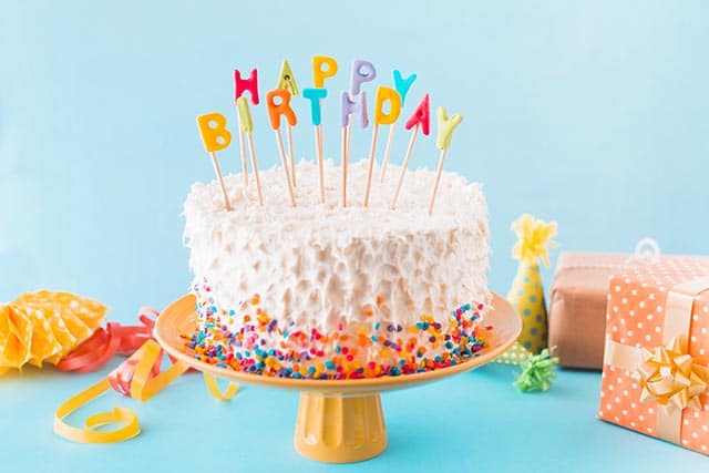 Weetjes over verjaardagen 2 Verjaardagstaart met witte glazuur, kleurrijke sprinkles en happy birthday kaarsen op geel plateau.