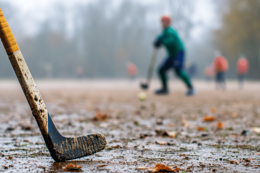 Modderige hockeystick op veld met onscherpe spelers in de achtergrond tijdens wedstrijd.