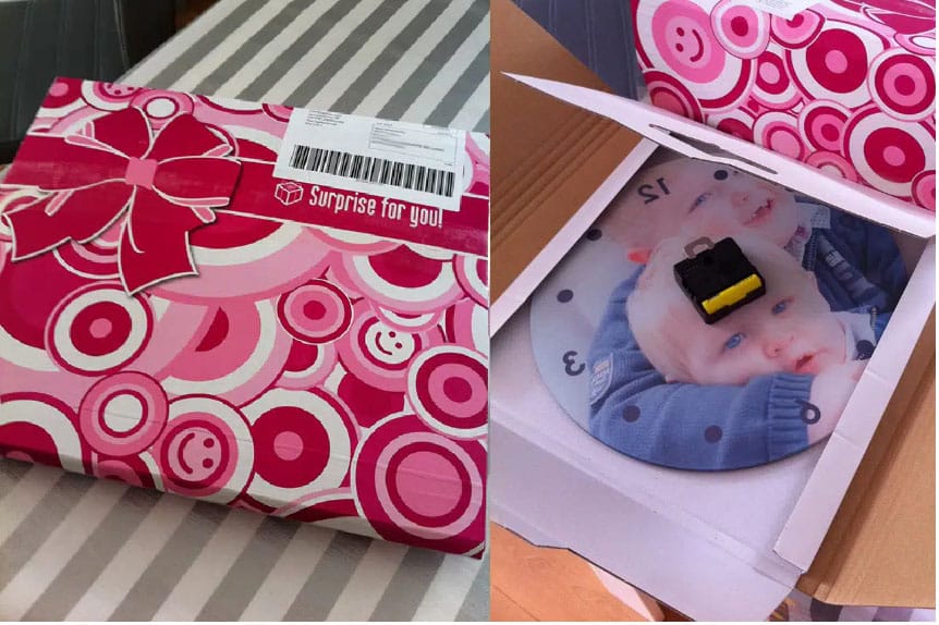 open cadeauverpakking roze witte cirkels klok kinderen